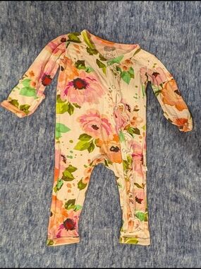 Posh Peanut Pink & Green Floral Ruffle Snap One-Piece